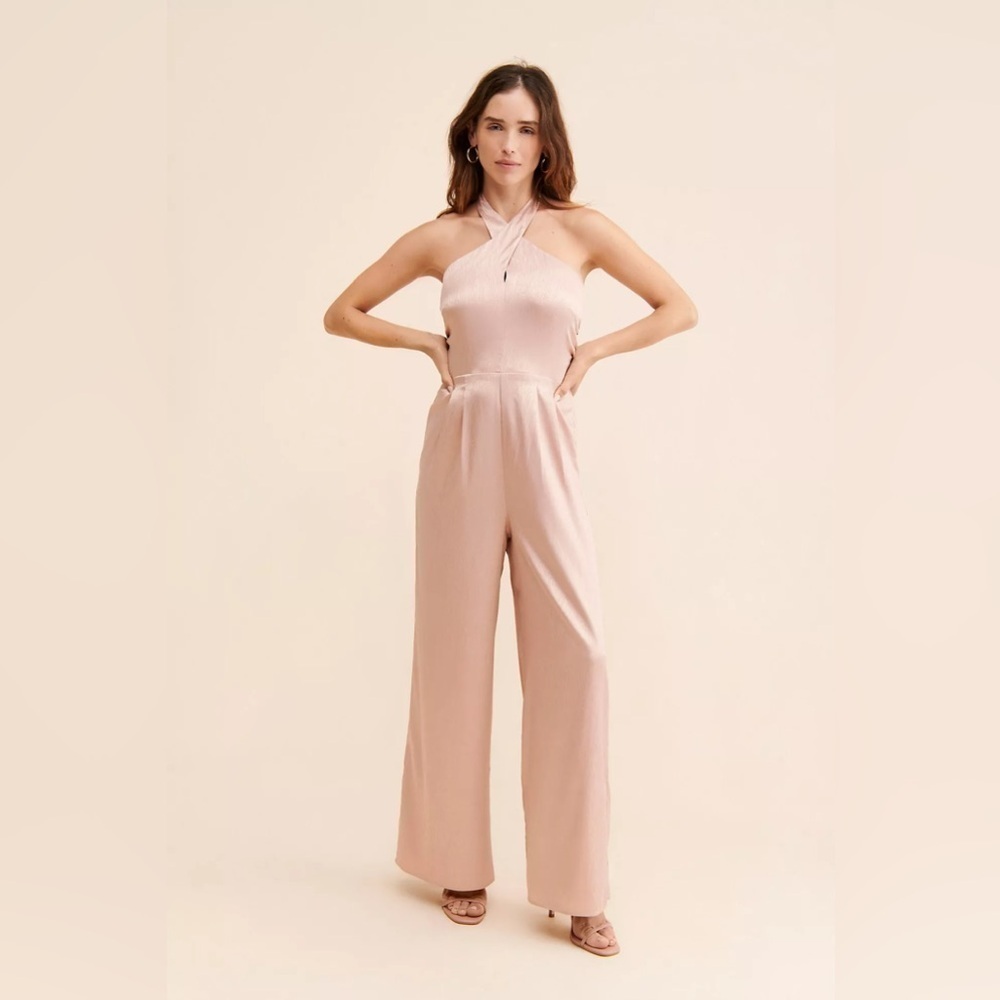 Anthro Du Paradis Cross-Neck Wide Leg Halter Champagne Satin Jumpsuit Sz L
